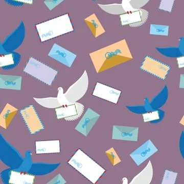 Postal pigeon Dove seamless pattern. Envelope and letter paper. Flying bird.  Illustrazione stock