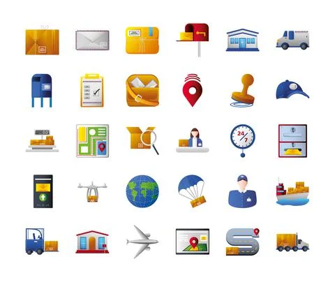 Postal service icons set include logistics delivery mail envelope world pointer Illustration