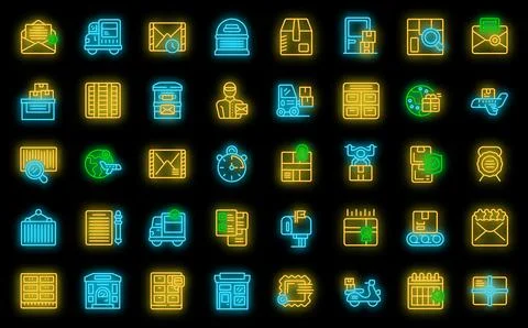 Postal service icons set vector neon Illustration