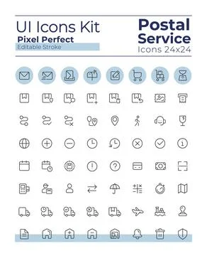 Postal service pixel perfect linear ui icons set Stock Illustration