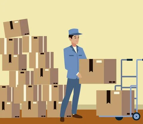 Postal service postman with many boxes logistic delivery 스톡 일러스트