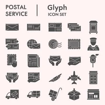 Postal service solid icon set, Postage mail collection, vector sketches, logo Stock Illustration