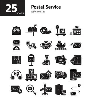 Postal Service solid icon set. Vector and Illustration. Illustration