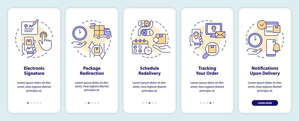 Postal services examples onboarding mobile app screen Illustrazione stock