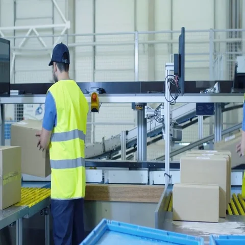 Postal Sorting Office Workers Put Cardboard Boxes on Belt Conveyor Stock Footage 69551968