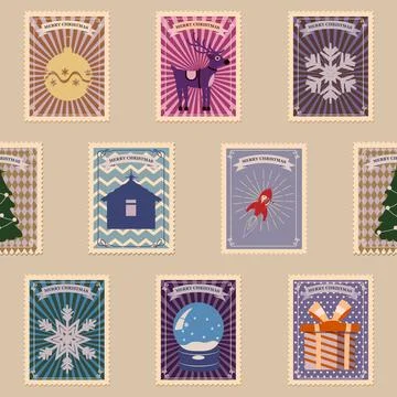 Postal stamp seamless pattern Christmas old postage stamps Stock Illustration