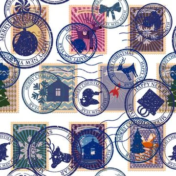 Postal stamp seamless pattern Christmas old postage stamps Stock Illustration