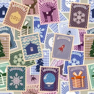 Postal stamp seamless pattern Christmas old postage stamps Stock Illustration