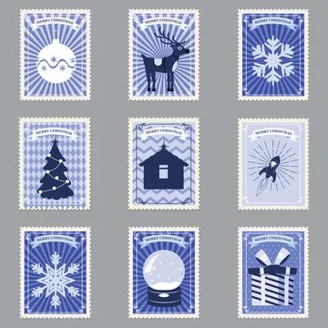 Postal stamp seamless pattern Christmas old postage stamps Stock Illustration