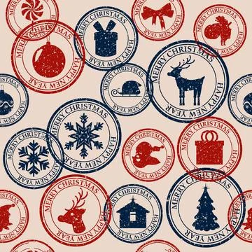 Postal stamp seamless pattern Christmas old postage stamps Stock Illustration