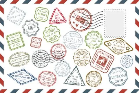 Postal Stamps set on envelope Stock Illustration