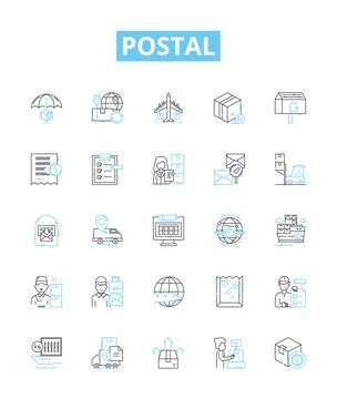 Postal vector line icons set. Postal, Mail, Carrier, Delivery, Stamp, Address Stock Illustration