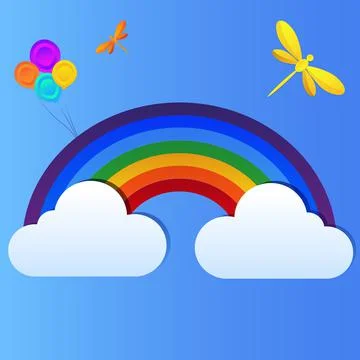 Postcard banner with sky clouds and rainbow, butterfly, and dragonfly Stock Illustration