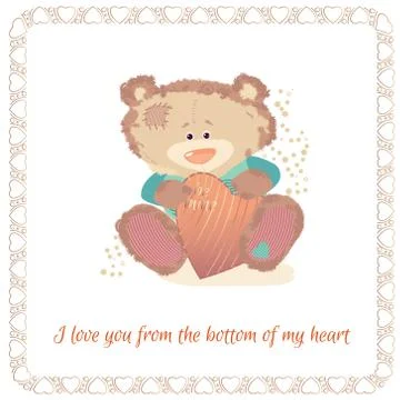 Postcard with a bear cub. A small bear is a toy Illustrazione stock