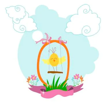 Postcard with a chicken on the swing Stock Illustration