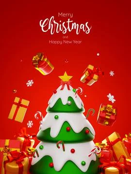 Postcard of Christmas tree surrounded by gift box, 3d illustration Illustrazione stock