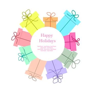 Postcard - congratulations with multi-colored gift boxes. Stock Illustration