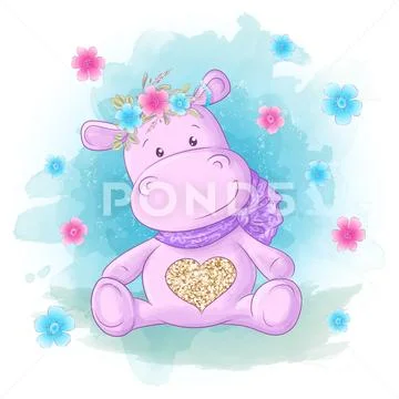 Postcard Cute, Hippo, Flowers And Butterflies Cartoon Style.