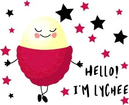 Postcard cute lychee on a white background with the inscription: I am a lyche Stock Illustration