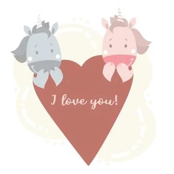 Postcard - Declaration of love. Couple of Cute and shy unicorns - boy and girl Ilustração Stock