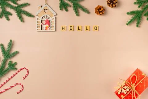 Postcard design on beige background. Hello Stock Photos