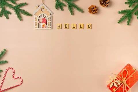Postcard design on beige background. Hello Foto stock