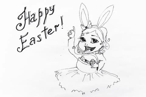 Postcard drawing Easter rabbit girl. Happy easter 스톡 일러스트