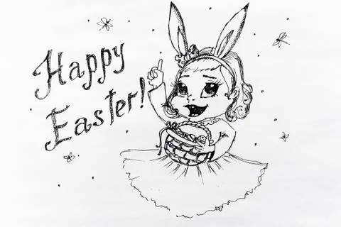 Postcard drawing Easter rabbit girl. Happy easter Illustrazione stock