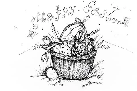 Postcard drawing of a wicker basket with Easter eggs. Happy easter Illustrazione stock