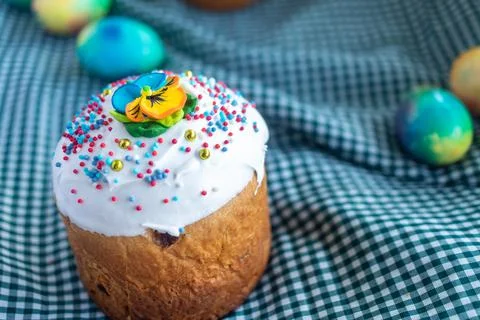 Postcard with Easter bread. Cakes with icing. Spring festival 2021. Kulich. H Stock Photos