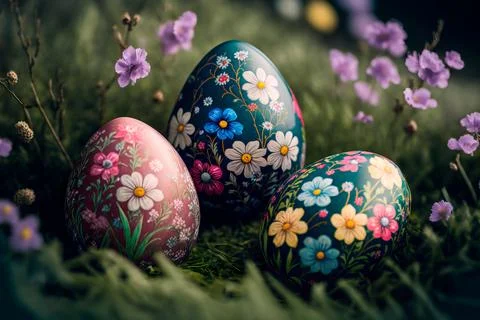 Postcard with easter decoration and painted colorful easter eggs in beautif.. Stock Illustration