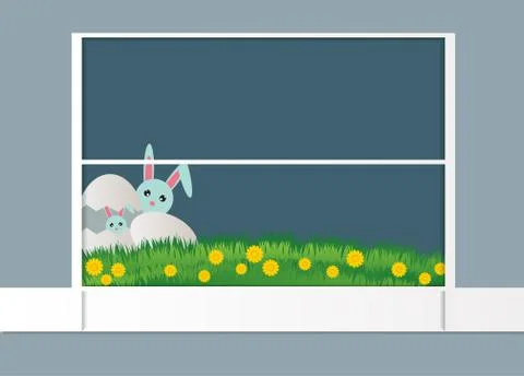 Postcard to easter happy day,Rabbit with eggs on the side window beautiful gr Stock Illustration