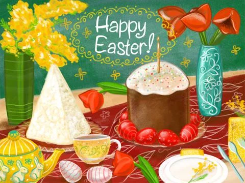 Postcard. Easter holiday table. Stock Illustration