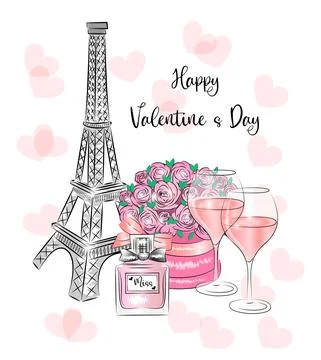 Postcard Eiffel Tower romantic dinner gifts perfume flowers roses Paris on Stock Illustration
