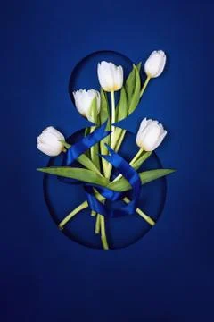 Postcard for The Eighth of March. Five white tulips in number eight. Tied wit Photos