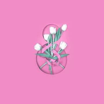 Postcard for The Eighth of March. Five white tulips in number eight. Tied with a Stock Photos