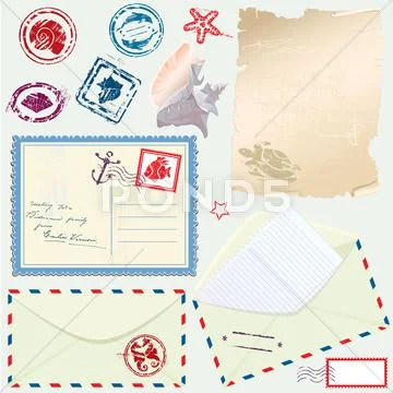 Postcard, envelope and paper with retro nautical stamps - for design and scra Stock Illustration