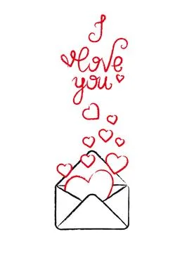 Postcard with envelope, hearts and hand lettering I love you. Stock Illustration