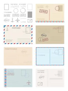 Postcard envelope template set. Greeting card stamps postal services red blue Stock Illustration