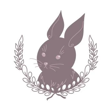 Postcard with a funny hare. Gray rabbit with a wreath of branches. Illustrazione stock