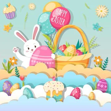 Postcard, Happy Easter, Easter bunny, Easter eggs, flowers, clouds Stock Illustration