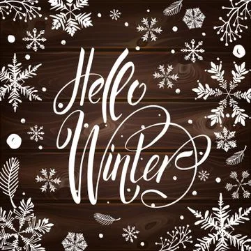 Postcard Hello Winter wiht cute elements. Isolated vector illustration on whi 스톡 일러스트