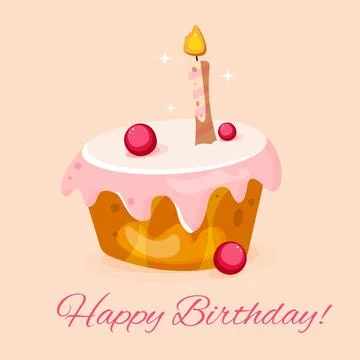 Postcard with the image of a cake, cupcake, pie with a candle. イラスト素材