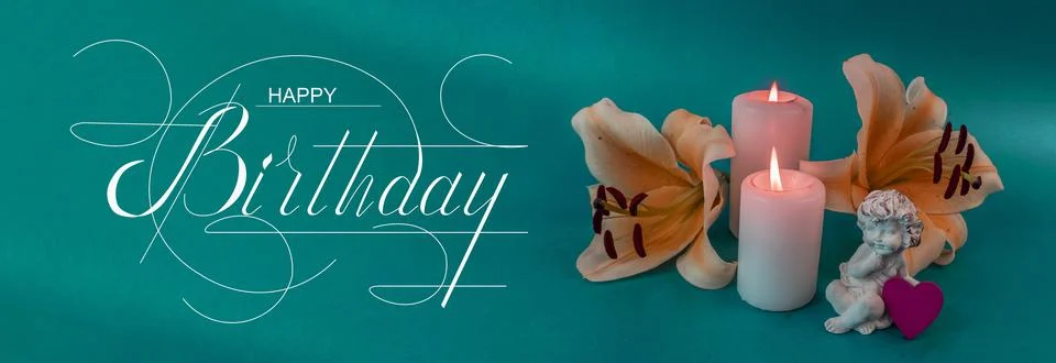 Postcard , Internet banner , flat lay with a birthday greeting, with the insc Stock Photos