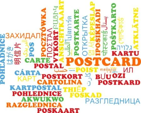 Postcard multilanguage wordcloud background concept Stock Illustration