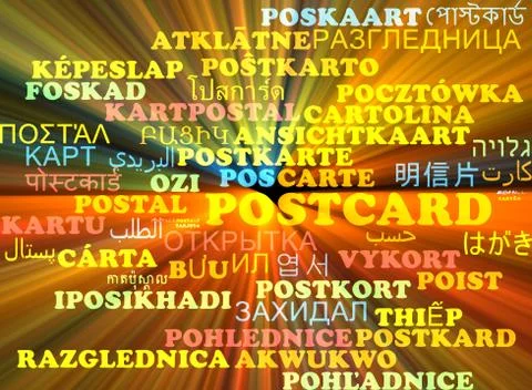 Postcard multilanguage wordcloud background concept glowing Stock Illustration