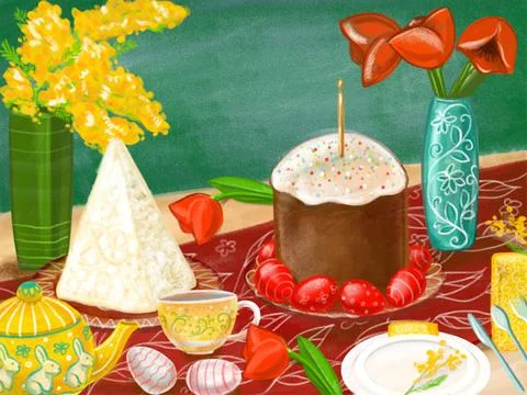 A postcard with a place for the title. Easter holiday table setting for a tea Stock Illustration