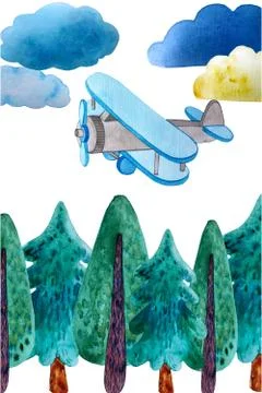Postcard plane, clouds, coniferous trees. Stock Illustration
