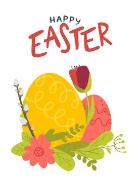 Postcard poster for the Happy Easter holiday with eggs, flowers, willow and o Stock Illustration