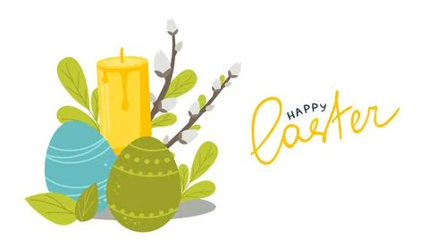 Postcard poster for the Happy Easter holiday with eggs, flowers, willow and o Stock Illustration